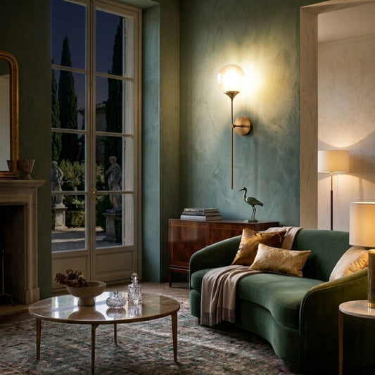 Applique murale long bras et globe en verre — LED réglable orientable