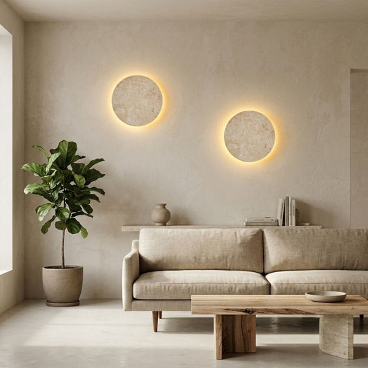 Applique murale ronde, disque en travertin, LED à éclairage indirect | Chambre salon couloir intérieur wabi-sabi