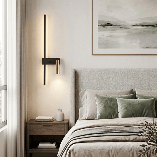 Applique murale tête de lit, liseuse orientable barre LED métal noir laiton | chambre, bureau design moderne