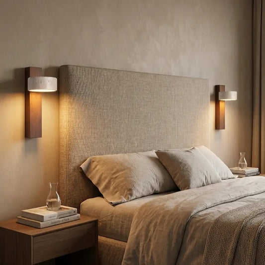Applique murale naturelle LED en travertin, bois de noyer | Spot rotatif pour chambre, tête de lit, bureau, salon wabi-sabi