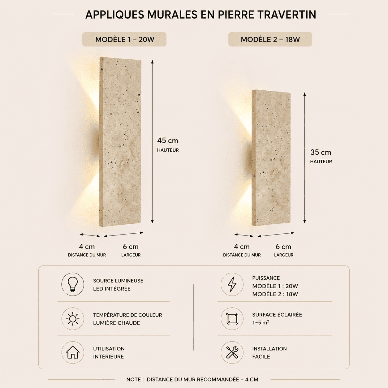 Applique murale pierre naturelle rectangle LED IP65 | Double éclairage | Extérieur intérieur étanche | Jardin façade, balcon