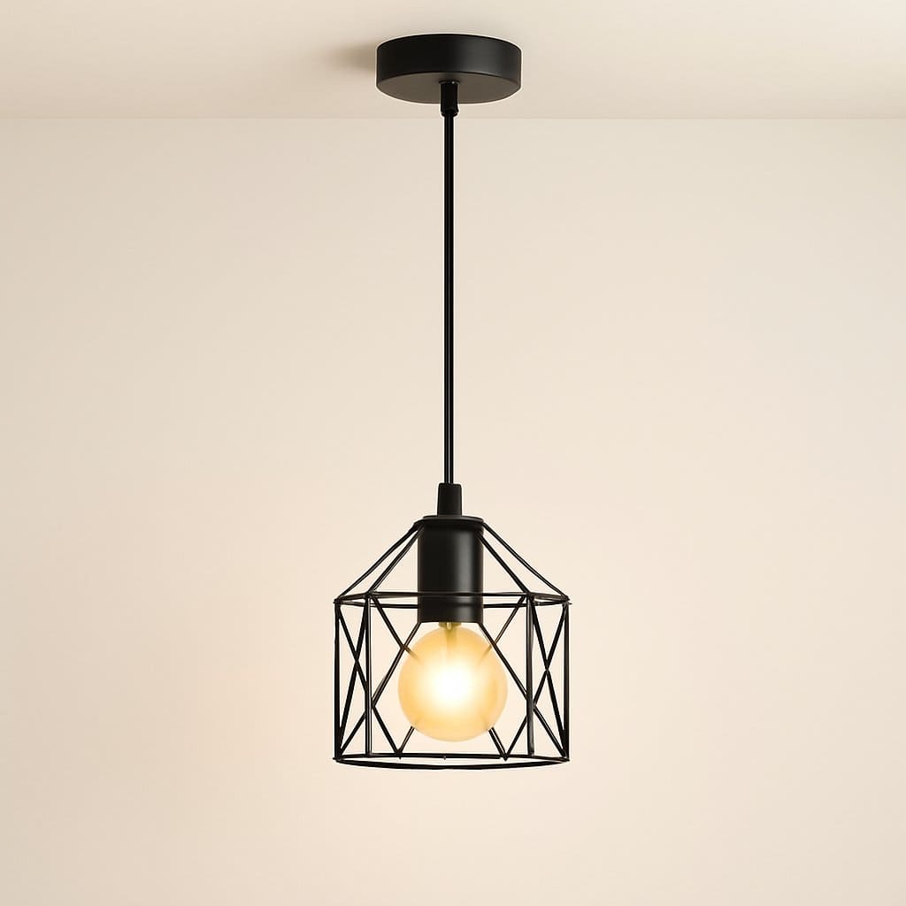 Suspension industrielle 3 lampes, cage métallique noire de style vintage loft | Salon salle à manger cuisine, intérieur