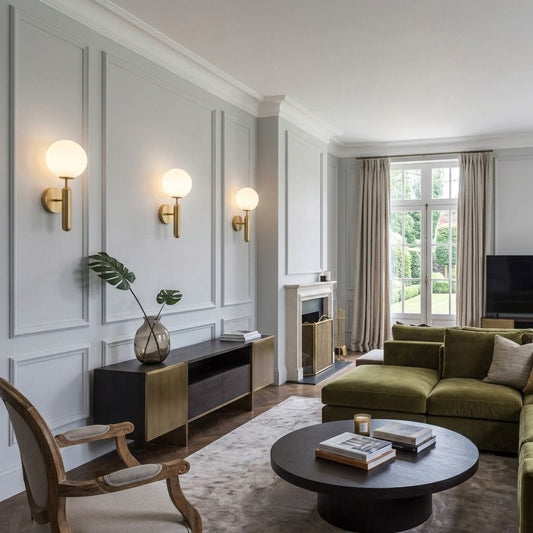 Applique murale dorée, Chambre salon intérieur minimaliste | Tige laiton brossé, globe verre opalin