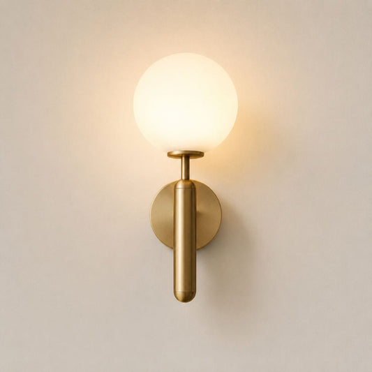 Applique murale dorée, Chambre salon intérieur minimaliste | Tige laiton brossé, globe verre opalin