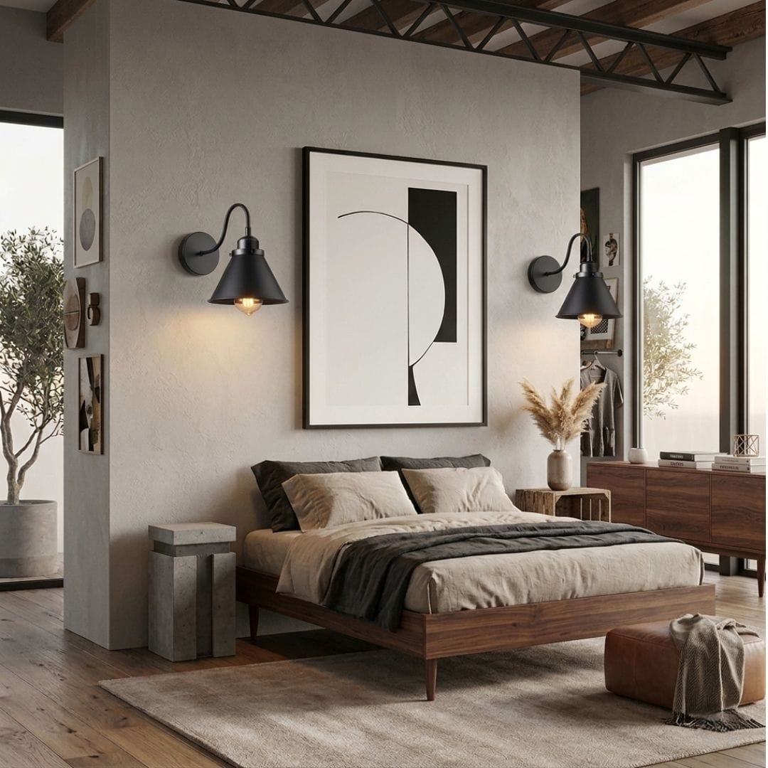 Applique murale industrielle vintage rétro en métal, Abat-jour conique bras courbé | Chambre salon intérieur