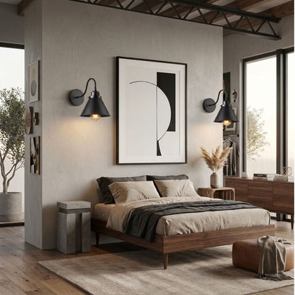 Applique murale industrielle vintage rétro en métal, Abat-jour conique bras courbé | Chambre salon intérieur