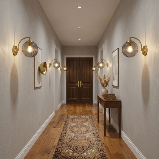 Applique murale chambre, salon, intérieur rétro chic, globe en verre | Style laiton doré