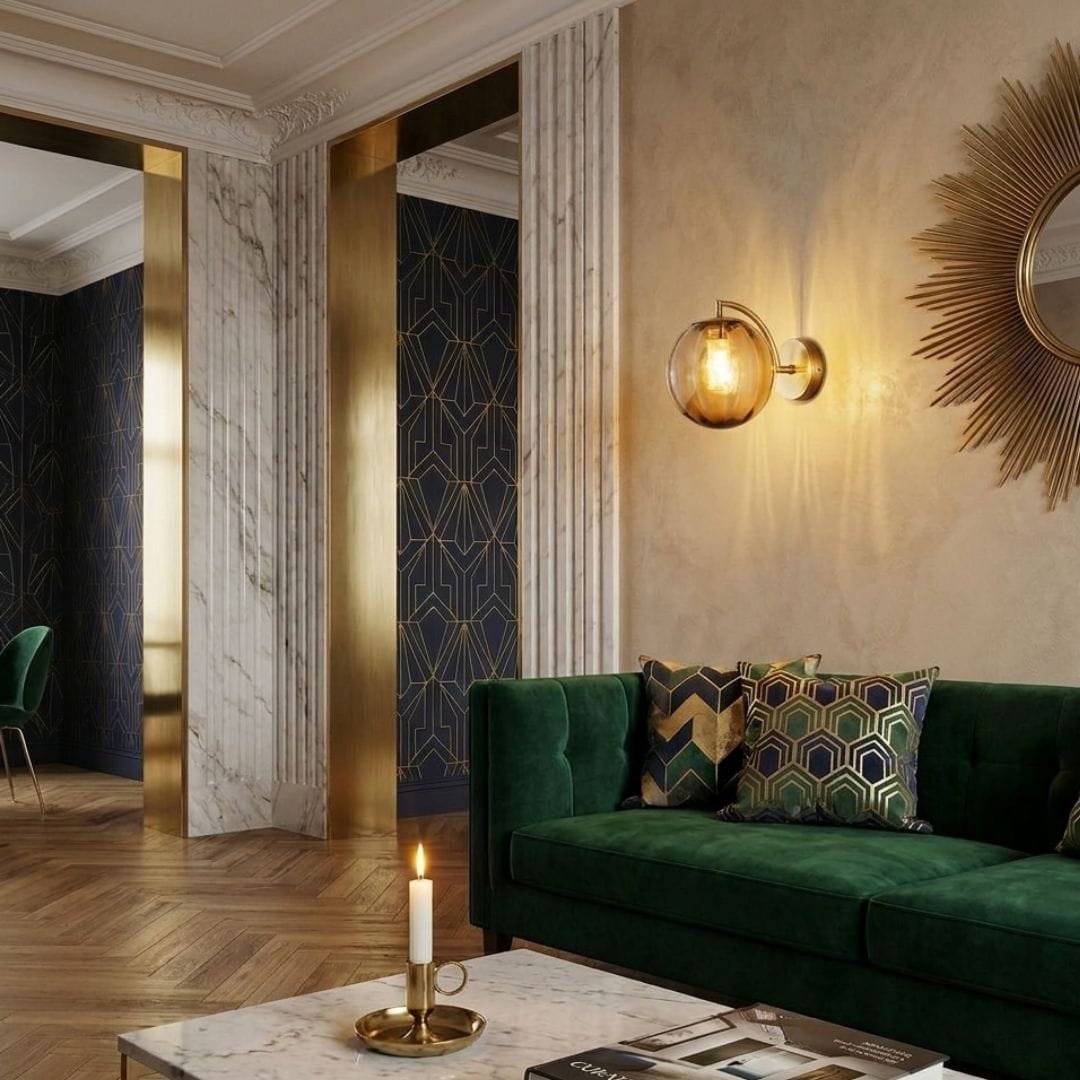 Applique murale chambre, salon, intérieur rétro chic, globe en verre | Style laiton doré