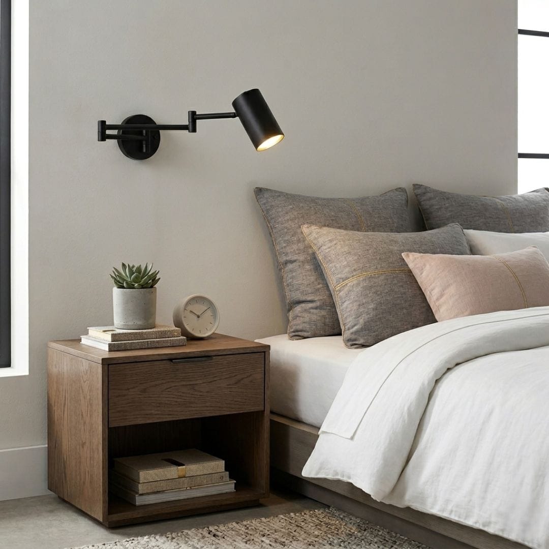 Applique murale chambre liseuse tête de lit, métal noir | Bras articulé rétractable, interrupteur ou dimmable