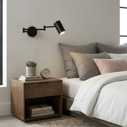 Applique murale chambre liseuse tête de lit, métal noir | Bras articulé rétractable, interrupteur ou dimmable