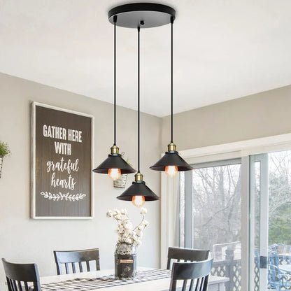 Suspension 3 lampes métal noir, Abat-jour conique industriel loft | Salon salle à manger cuisine Vintage intérieur