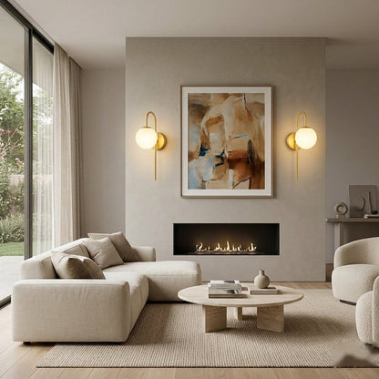 Applique murale Intérieur chambre salon, design laiton brossé et Globe verre | Bras arqué moderne