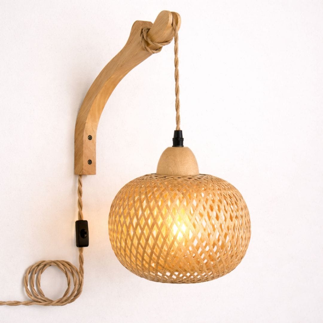 Applique murale rotin & bois tressé | Design Bohème Rustique, interrupteur