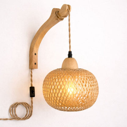 Applique murale rotin & bois tressé | Design Bohème Rustique, interrupteur