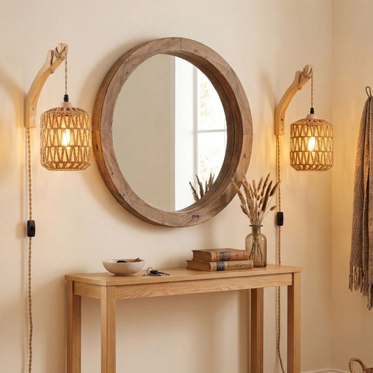 Applique murale rotin & bois tressé | Design Bohème Rustique, interrupteur