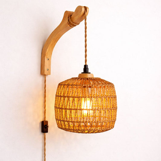 Applique murale bois et rotin tressé sur corde de chanvre — LED