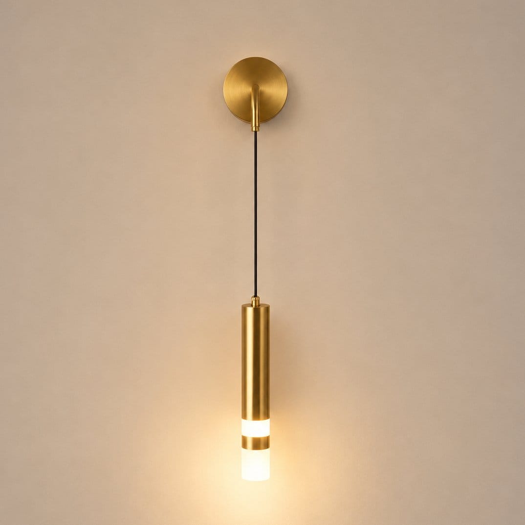 Applique murale dorée laiton brossé, tube LED suspendu liseuse orientable | Chambre tête de lit hôtel intérieur
