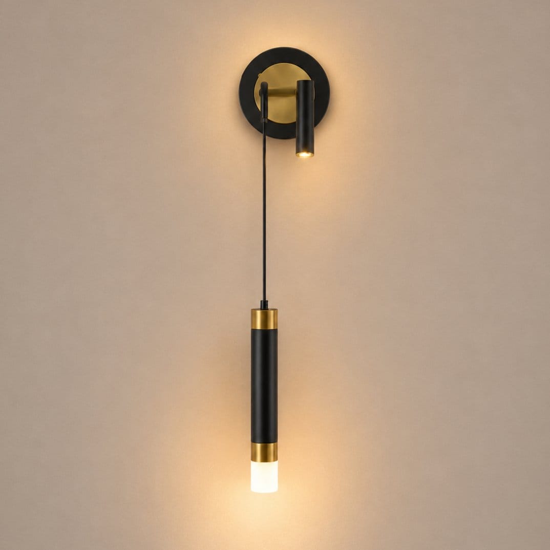 Applique murale dorée laiton brossé, tube LED suspendu liseuse orientable | Chambre tête de lit hôtel intérieur