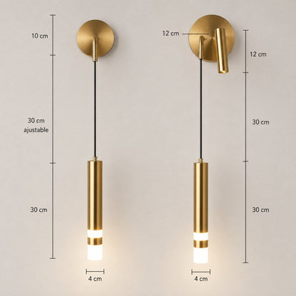 Applique murale dorée laiton brossé, tube LED suspendu liseuse orientable | Chambre tête de lit hôtel intérieur