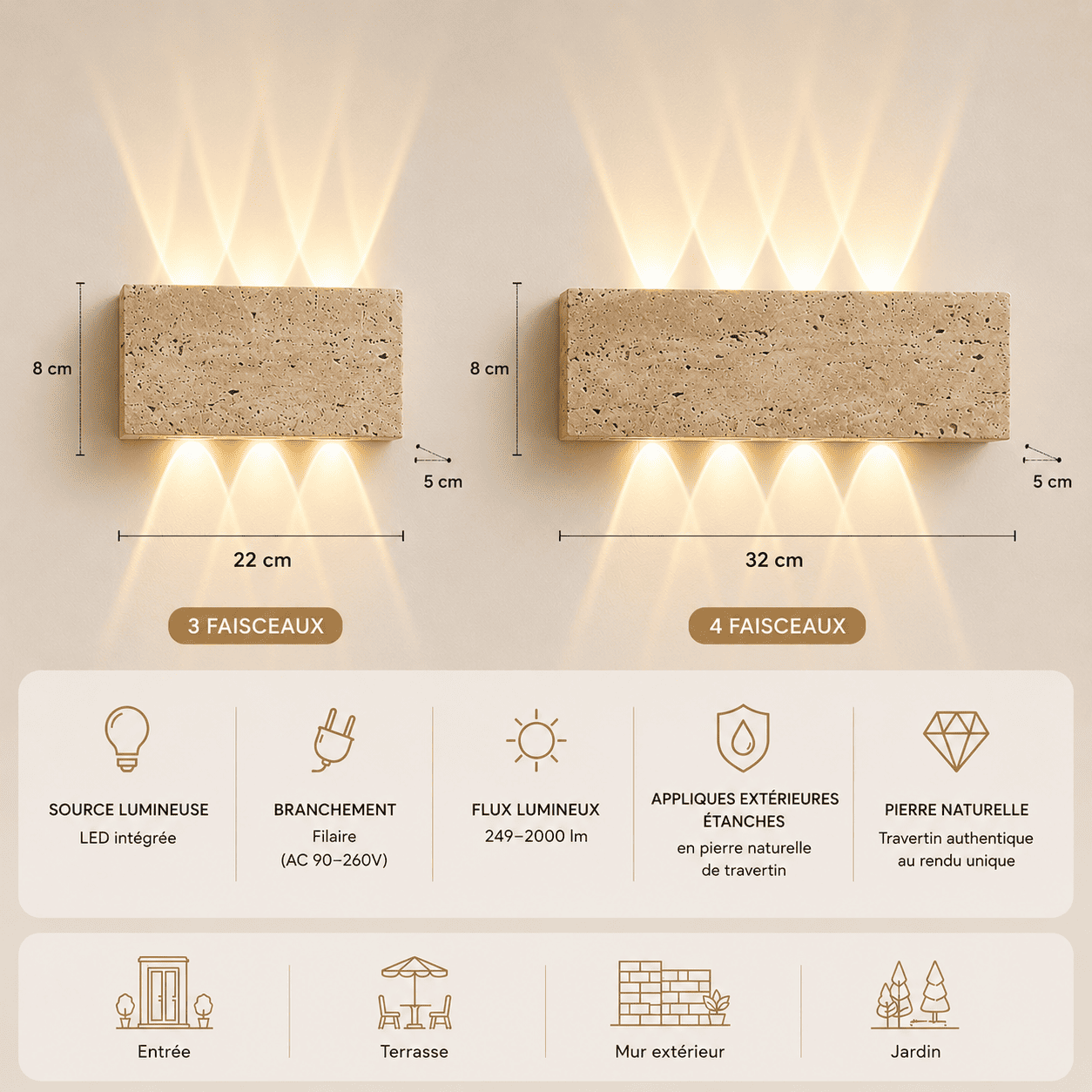 Applique murale pierre naturelle claire, travertin LED | Extérieur et Intérieur