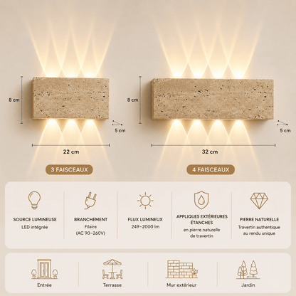 Applique murale pierre naturelle claire, travertin LED | Extérieur et Intérieur