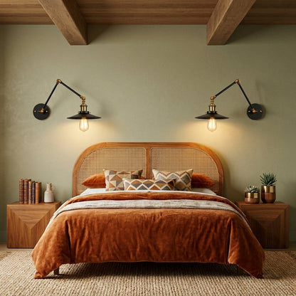 Applique murale industrielle orientable, liseuse pour chambre ou bureau | Bras articulé laiton & Abat-jour métal noir