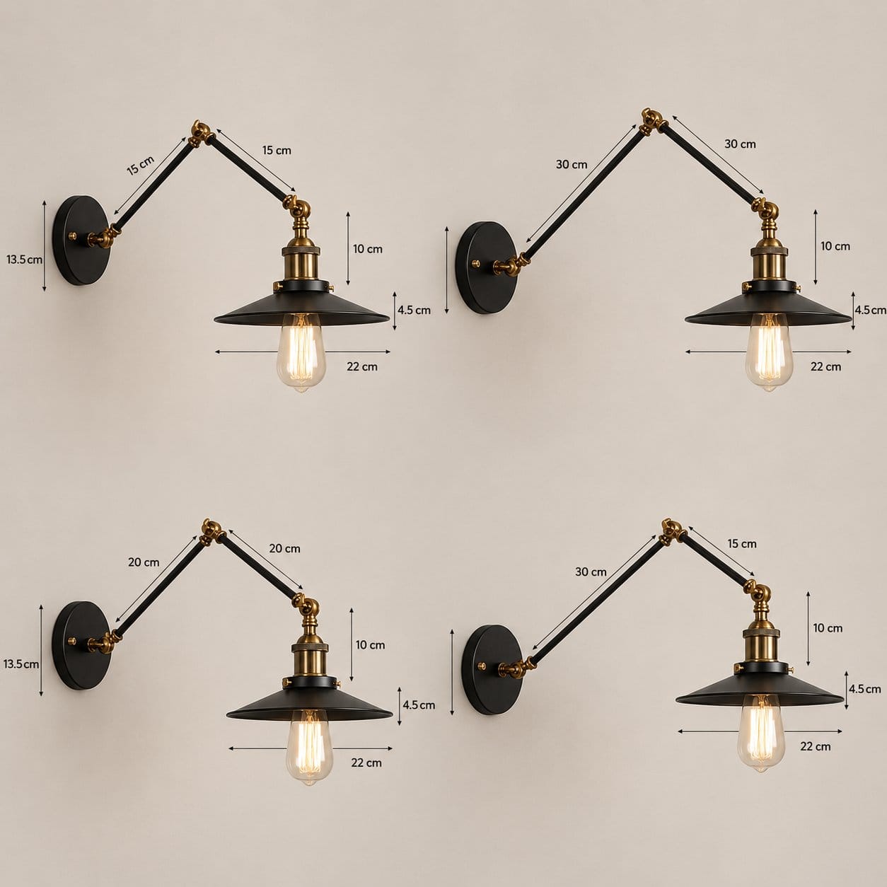 Applique murale industrielle orientable, liseuse pour chambre ou bureau | Bras articulé laiton & Abat-jour métal noir