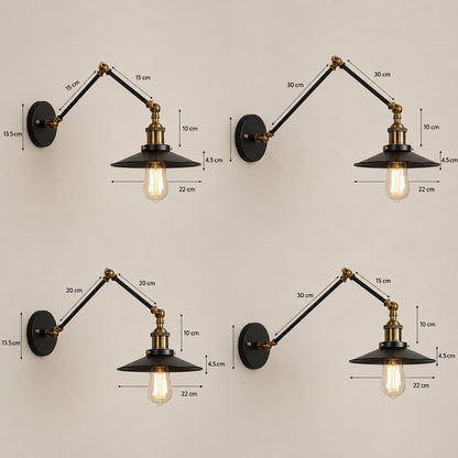 Applique murale industrielle orientable, liseuse pour chambre ou bureau | Bras articulé laiton & Abat-jour métal noir