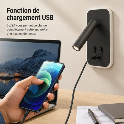 Applique murale liseuse LED orientable | Port USB intégré avec interrupteur | Chambre tête de lit intérieur