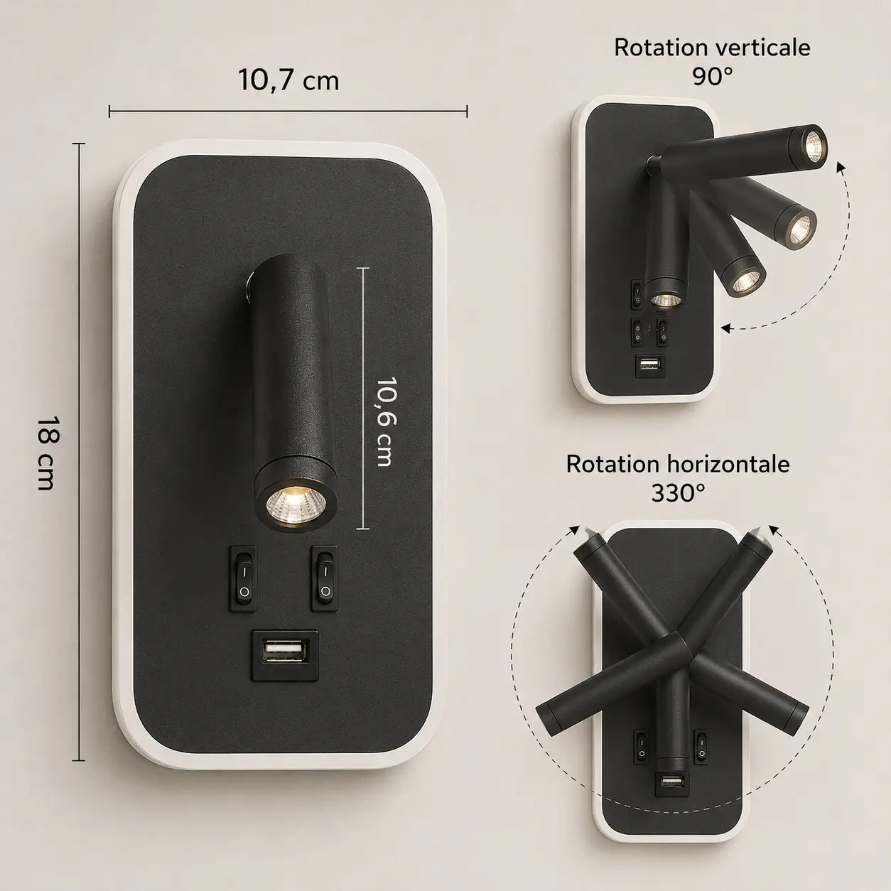Applique murale liseuse LED orientable | Port USB intégré avec interrupteur | Chambre tête de lit intérieur