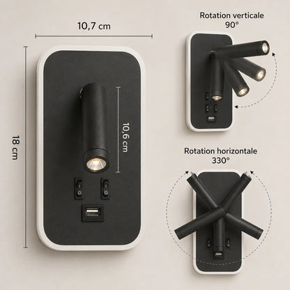 Applique murale liseuse LED orientable | Port USB intégré avec interrupteur | Chambre tête de lit intérieur