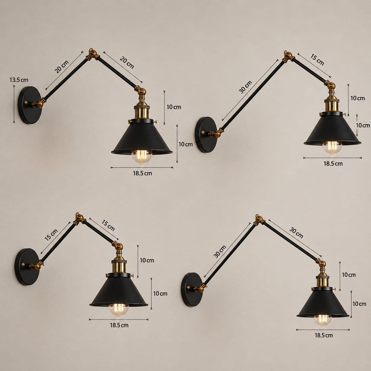 Applique murale métal noir, Abat-jour conique bras articulé laiton | Liseuse style industriel vintage pour Chambre bureau intérieur
