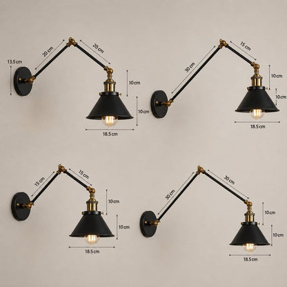 Applique murale métal noir, Abat-jour conique bras articulé laiton | Liseuse style industriel vintage pour Chambre bureau intérieur