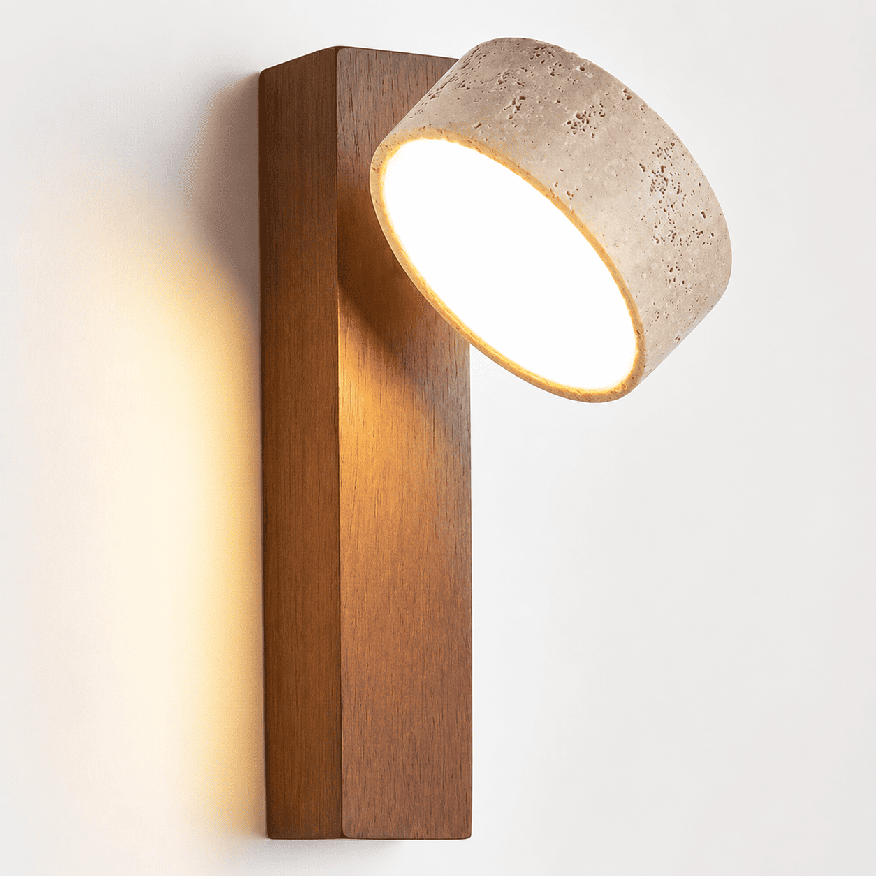 Applique murale naturelle LED en travertin, bois de noyer | Spot rotatif pour chambre, tête de lit, bureau, salon wabi-sabi