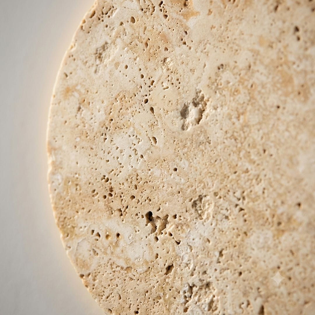 Applique murale ronde, disque en travertin, LED à éclairage indirect | Chambre salon couloir intérieur wabi-sabi