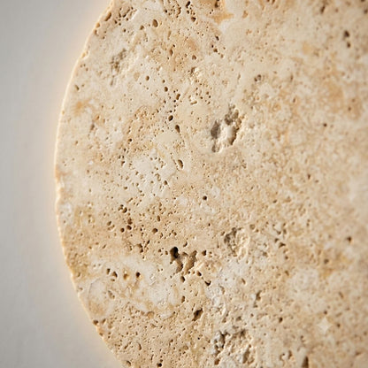 Applique murale ronde, disque en travertin, LED à éclairage indirect | Chambre salon couloir intérieur wabi-sabi