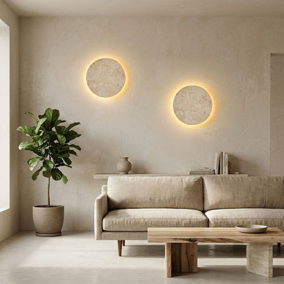 Applique murale ronde, disque en travertin, LED à éclairage indirect | Chambre salon couloir intérieur wabi-sabi