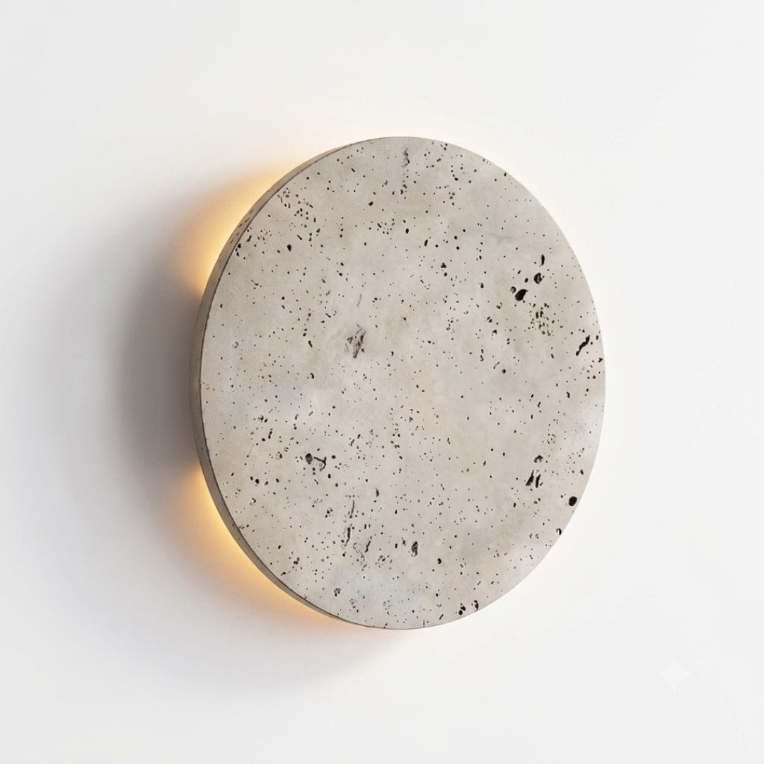 Applique murale ronde, disque en travertin, LED à éclairage indirect | Chambre salon couloir intérieur wabi-sabi