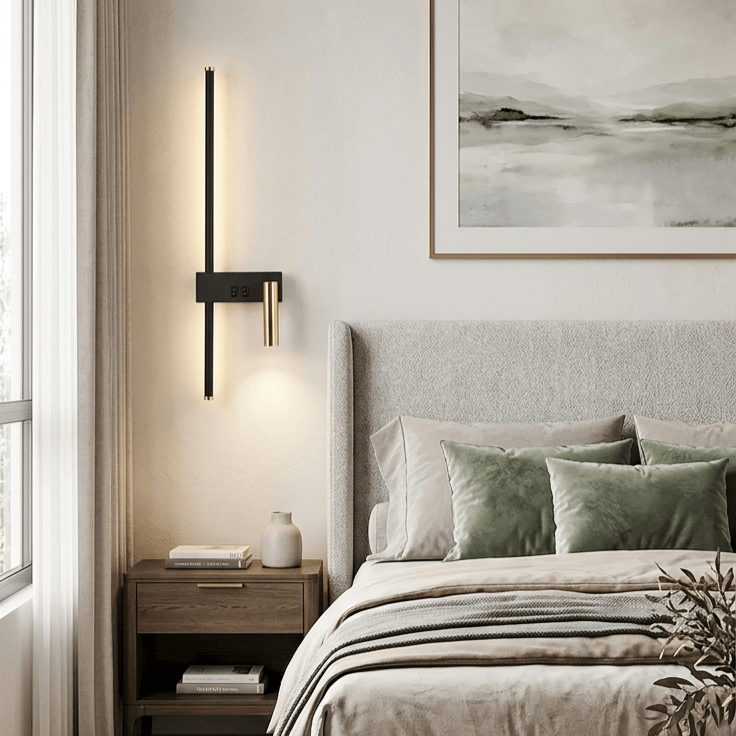 Applique murale tête de lit, liseuse orientable barre LED métal noir laiton |  chambre, bureau design moderne