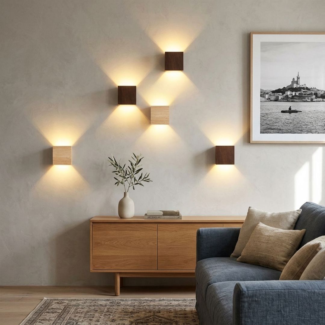 Applique murale bois noyer — Double faisceau haut-bas LED