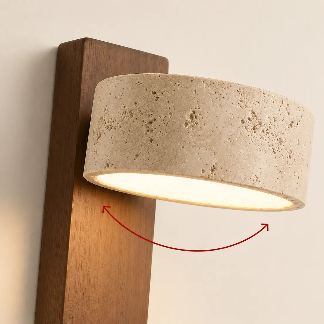 Applique murale naturelle LED en travertin, bois de noyer | Spot rotatif pour chambre, tête de lit, bureau, salon wabi-sabi