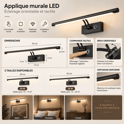 Applique murale salle de bain LED rectangulaire | finition argent, chromée, dorée, noire
