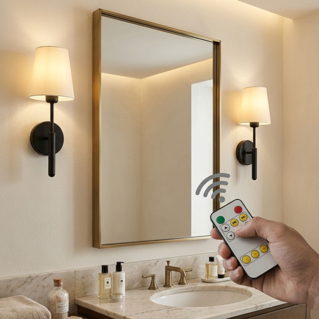 Applique murale sans fil pour chambre - salon sans perçage | Abat-jour tissu, dimmable, télécommande, rechargeable USB