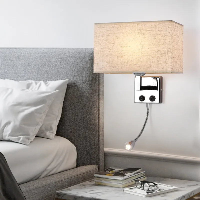 Applique murale LED intégrée avec interrupteur, Chambre tête de lit style hôtel | Liseuse à abat-jour tissu