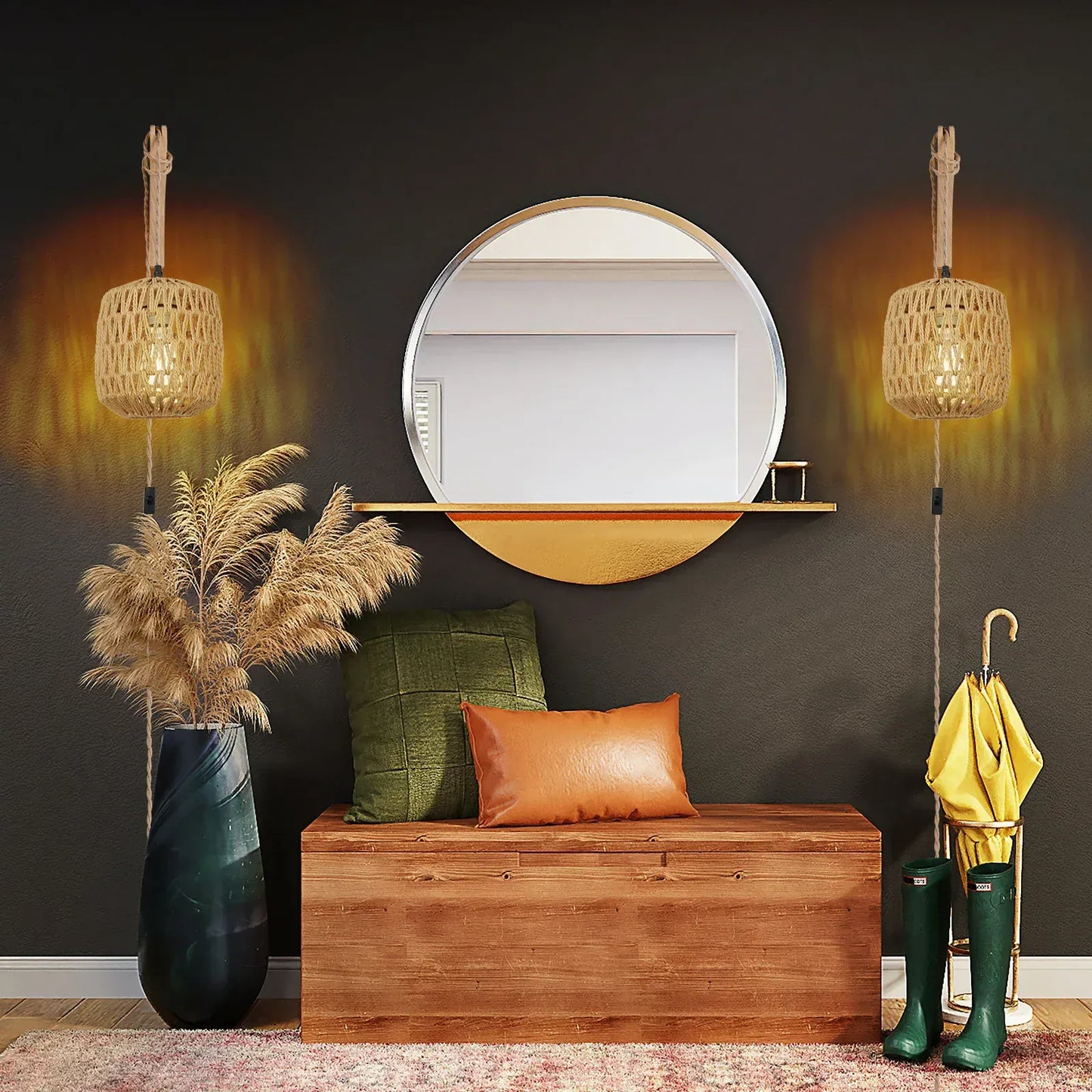Applique murale rotin & bois tressé | Design Bohème Rustique, interrupteur