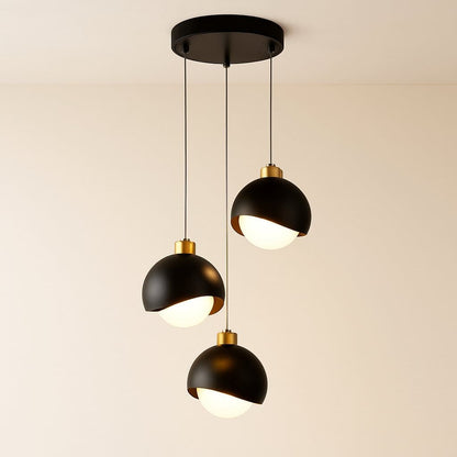 Suspension 3 lampes verre cristal et métal, Double globe laiton moderne | Chambre salon salle à manger