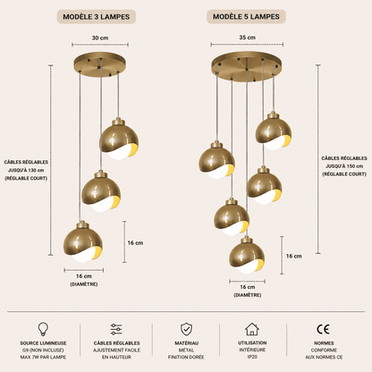 Suspension 3 lampes verre cristal et métal, Double globe laiton moderne | Chambre salon salle à manger