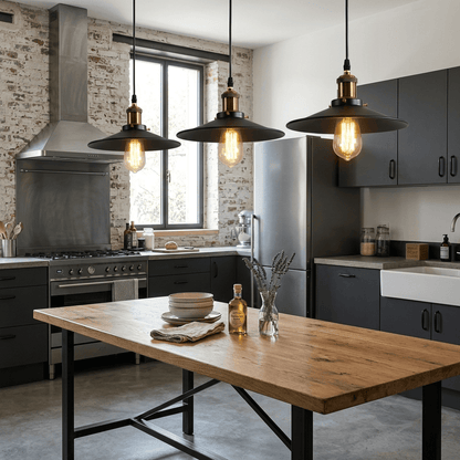 Suspension Salon cuisine industrielle, métal noir | Abat-jour conique, intérieur loft vintage