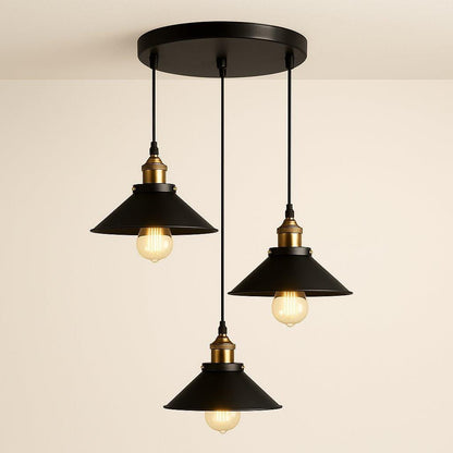 Suspension 3 lampes métal noir, Abat-jour conique industriel loft