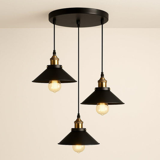 Suspension 3 lampes métal noir, Abat-jour conique industriel loft
